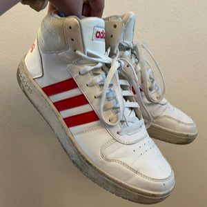 Men’s Adidas red and white stripe sneaker high tops - Size 10.5
